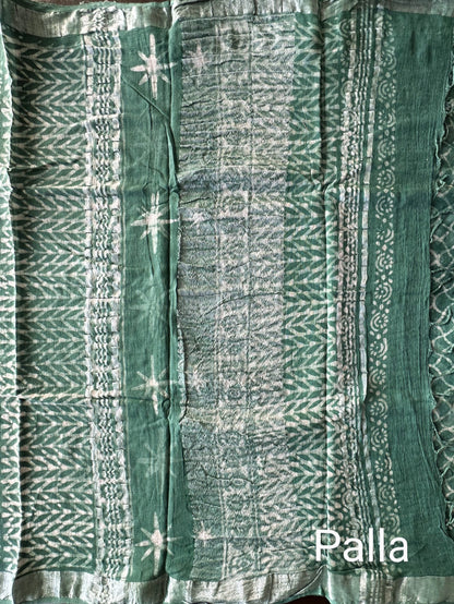 Pista Green Hand Block Printed Linen Saree