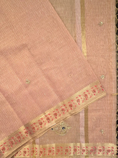 Dusky Pink Fancy Zari Cotton Saree With Hand Work