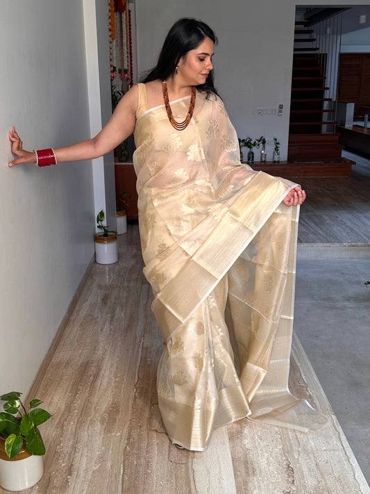 Beige Arvita Kota Doria Fancy Cotton Saree