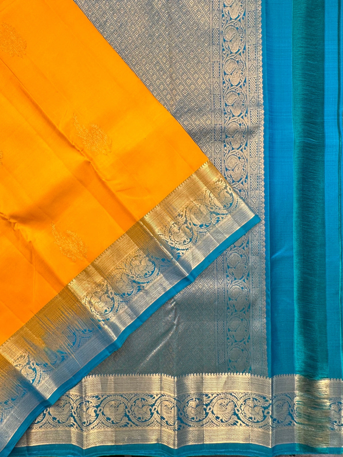 Yellow-Peacock Blue Handloom Kanjivaram Pure Silk Saree