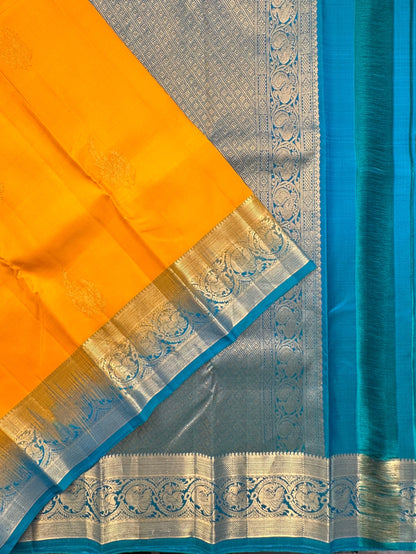 Yellow-Peacock Blue Handloom Kanjivaram Pure Silk Saree
