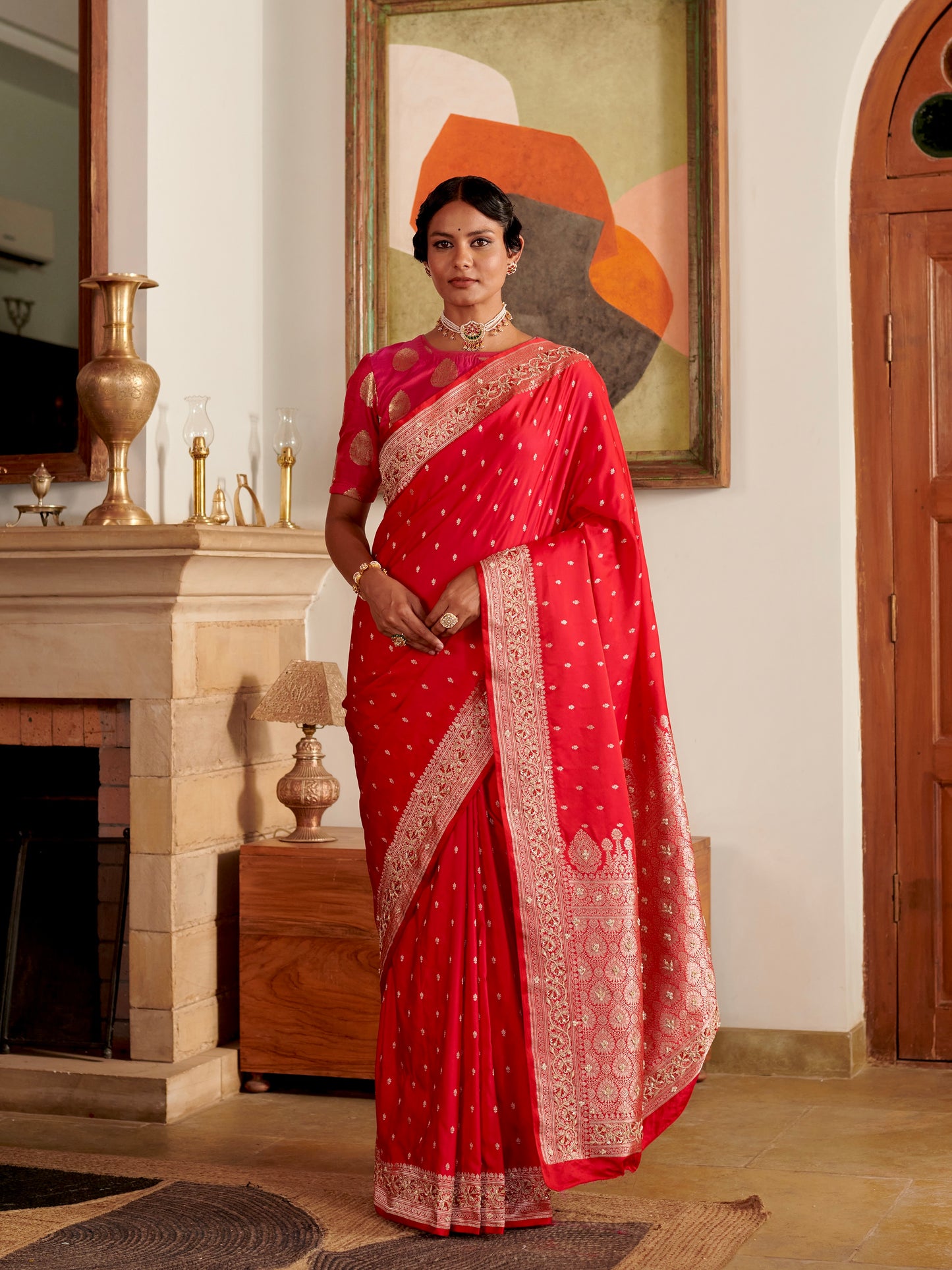 Pinkish Red Blended Silk Saree