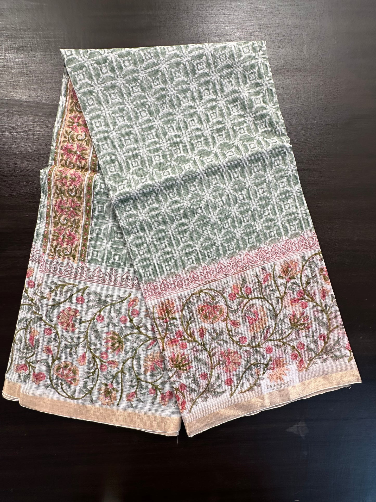 Off White - Grey Block Printed Kota Doria