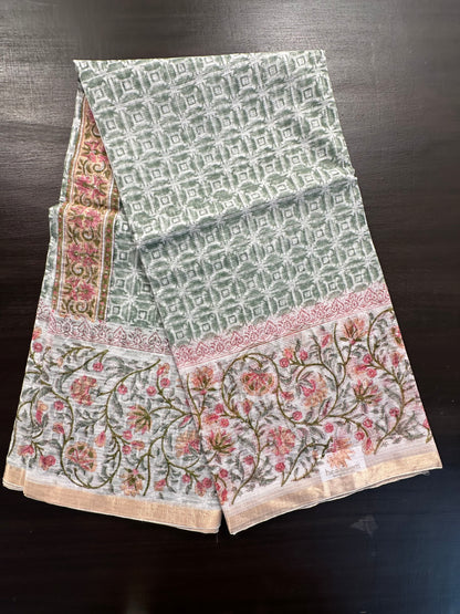 Off White - Grey Block Printed Kota Doria