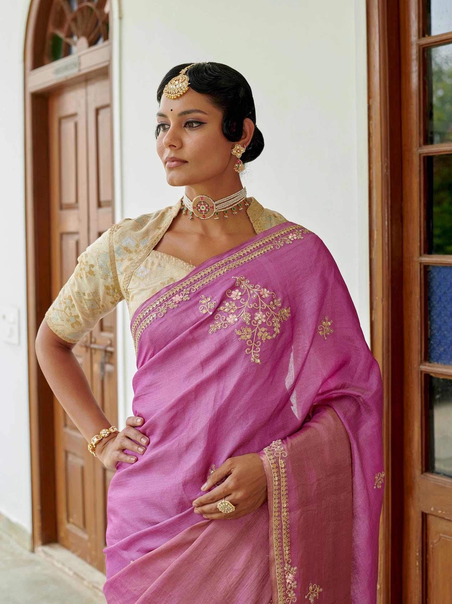 Pink Tussar Silk Saree With Zari Buta