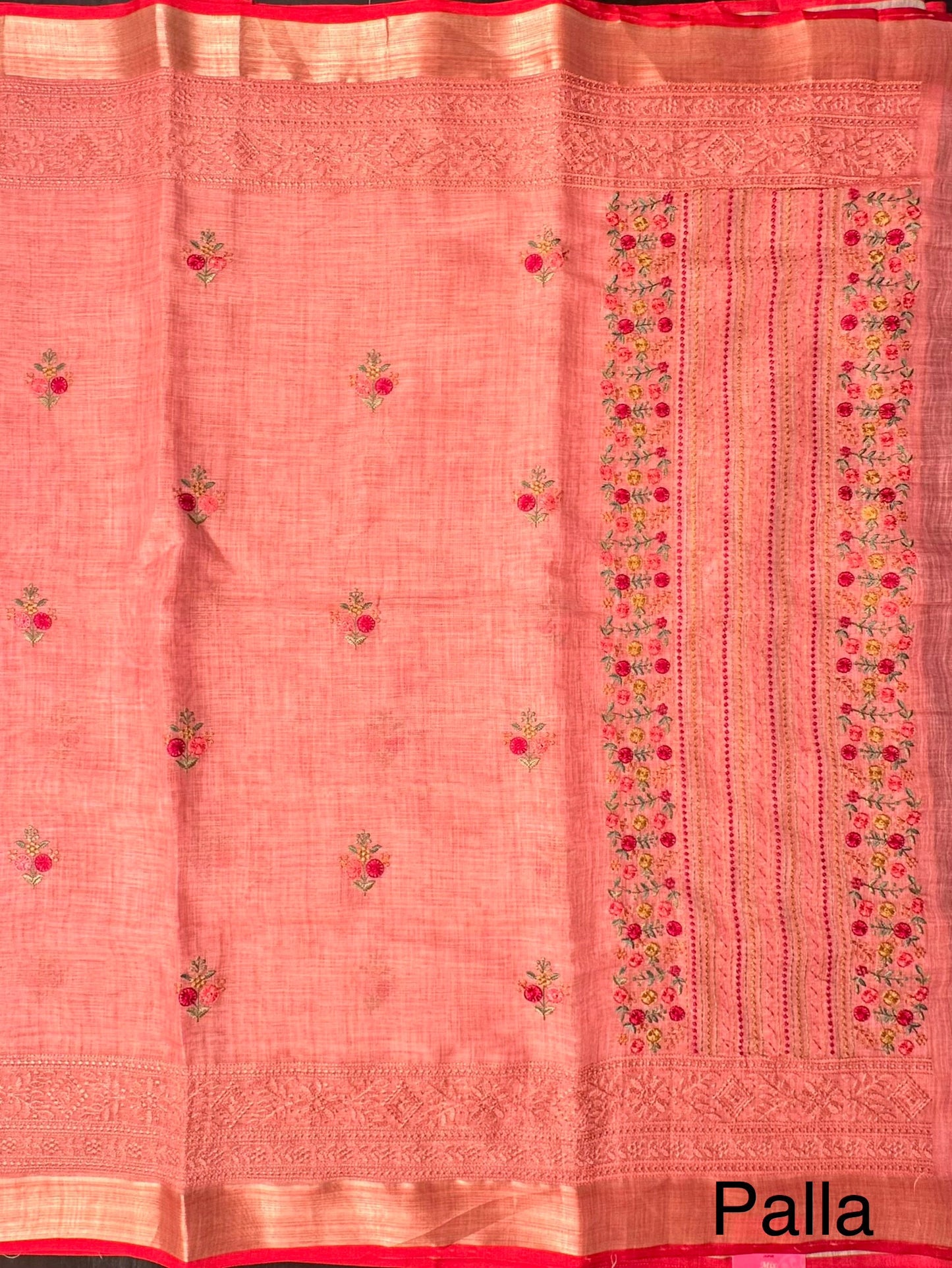 Peach Blended Cotton Saree with embroidery