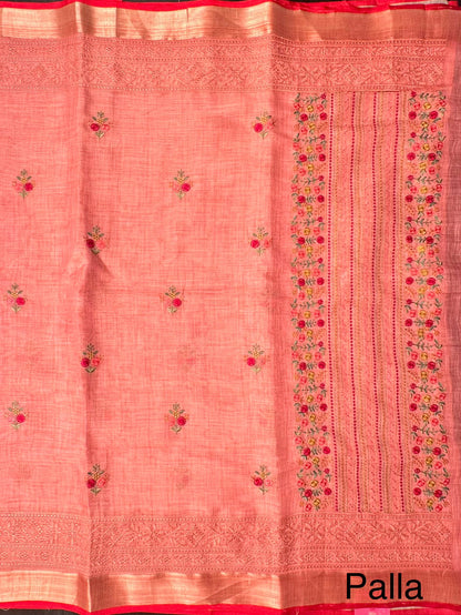 Peach Blended Cotton Saree with embroidery