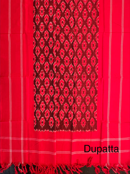 Red Ikkat Cotton Unstitched 3-Piece Suit