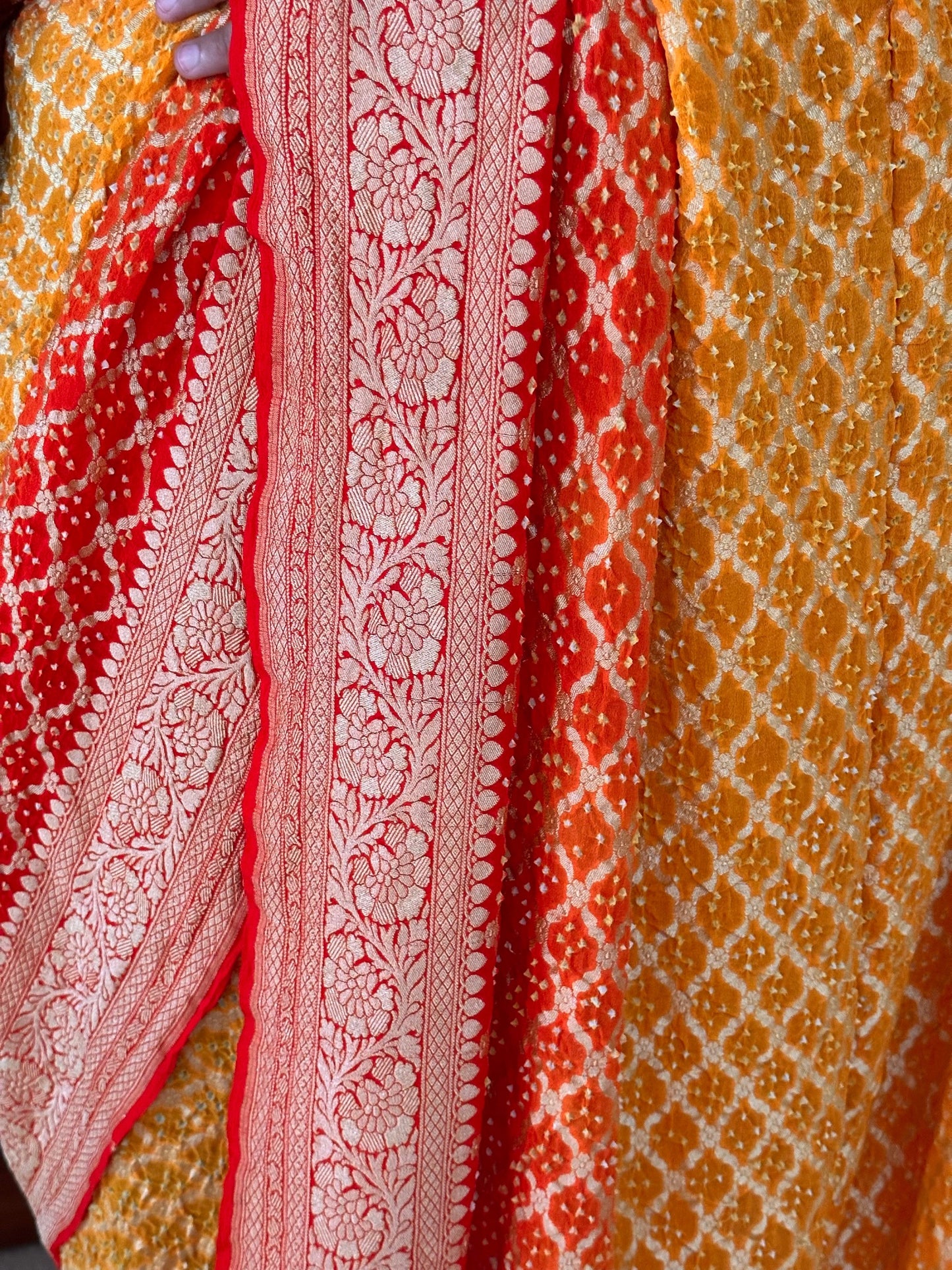 Yellow-Orange Gharchola Bandhej Pure Georgette Saree