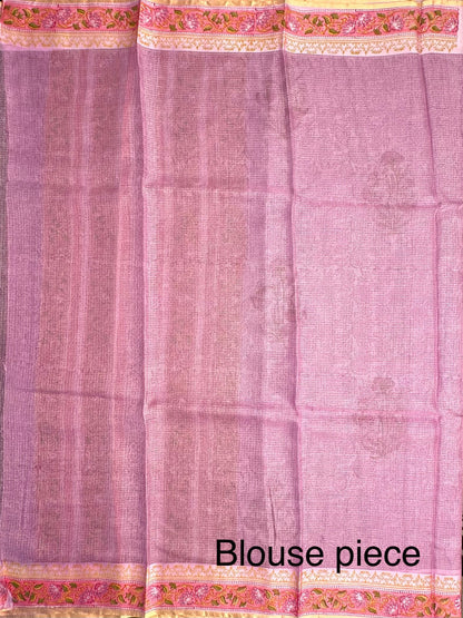 Mauve Hand Block-Print Pure Kota Doria Silk Saree
