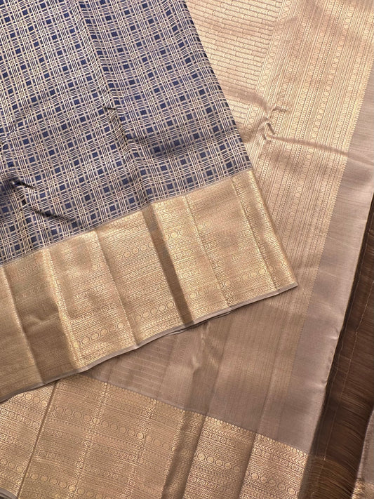 Blue-Beige  Handloom Kanjivaram Jamawar Pure Silk Saree