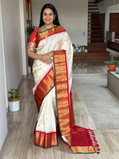 Off-White Red Gadwal Pure Silk Saree