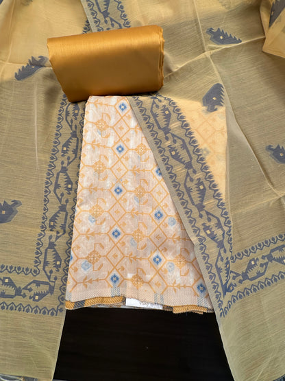 Yellow Jacquard Unstitched Cotton Suit