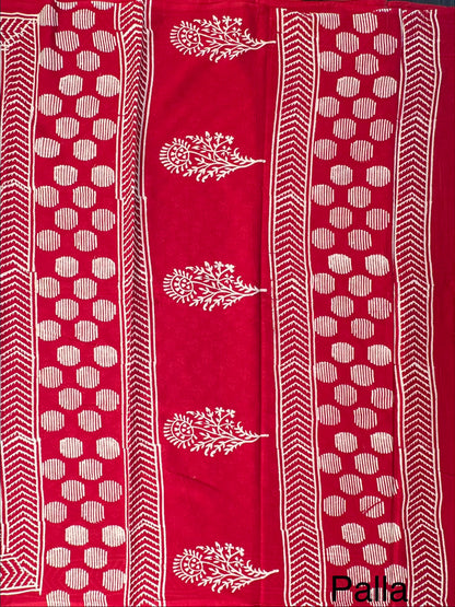 Red Bagru Hand Block Print Pure Cotton Saree