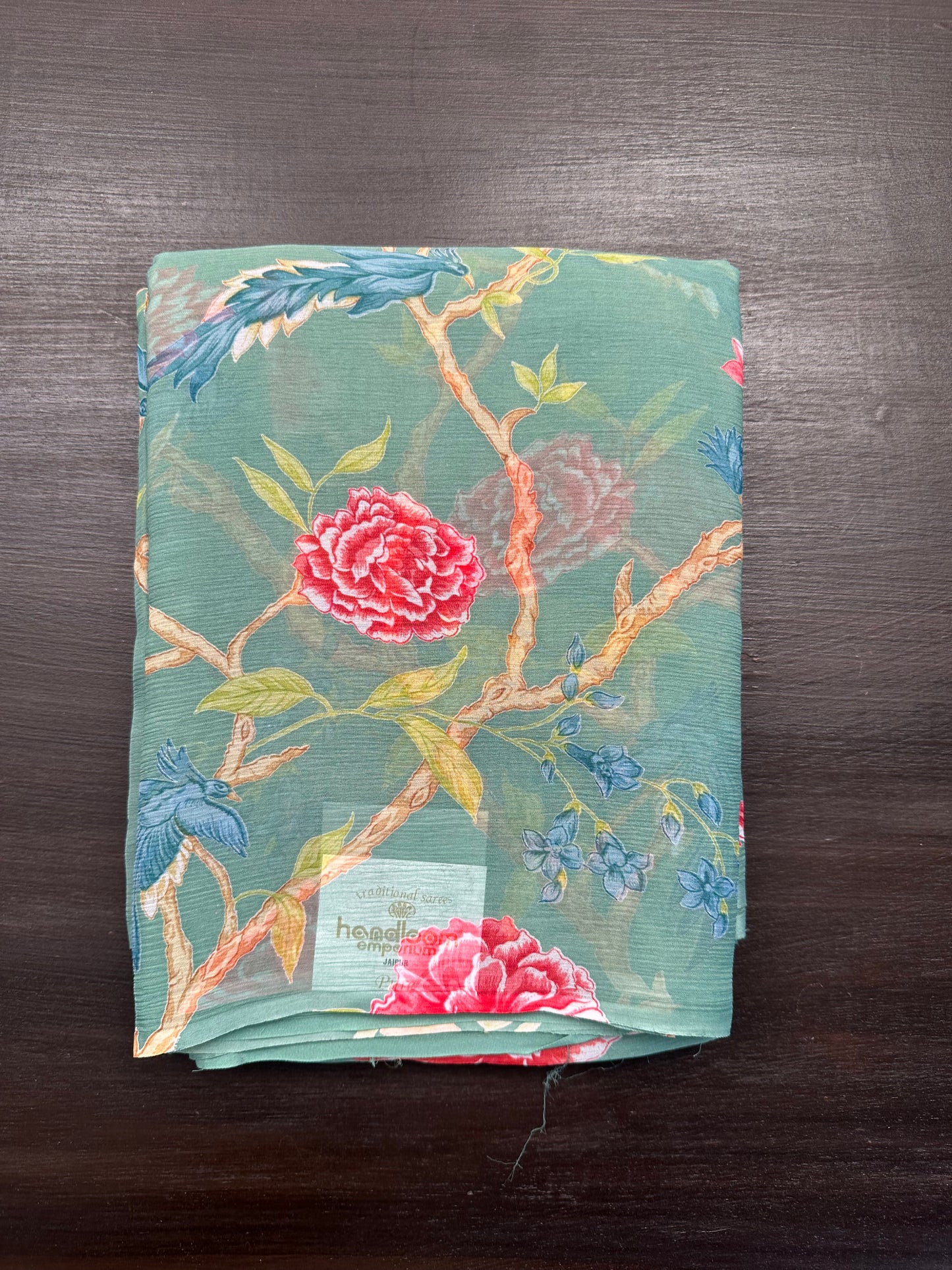 Sage Green Floral Print Chiffon Saree