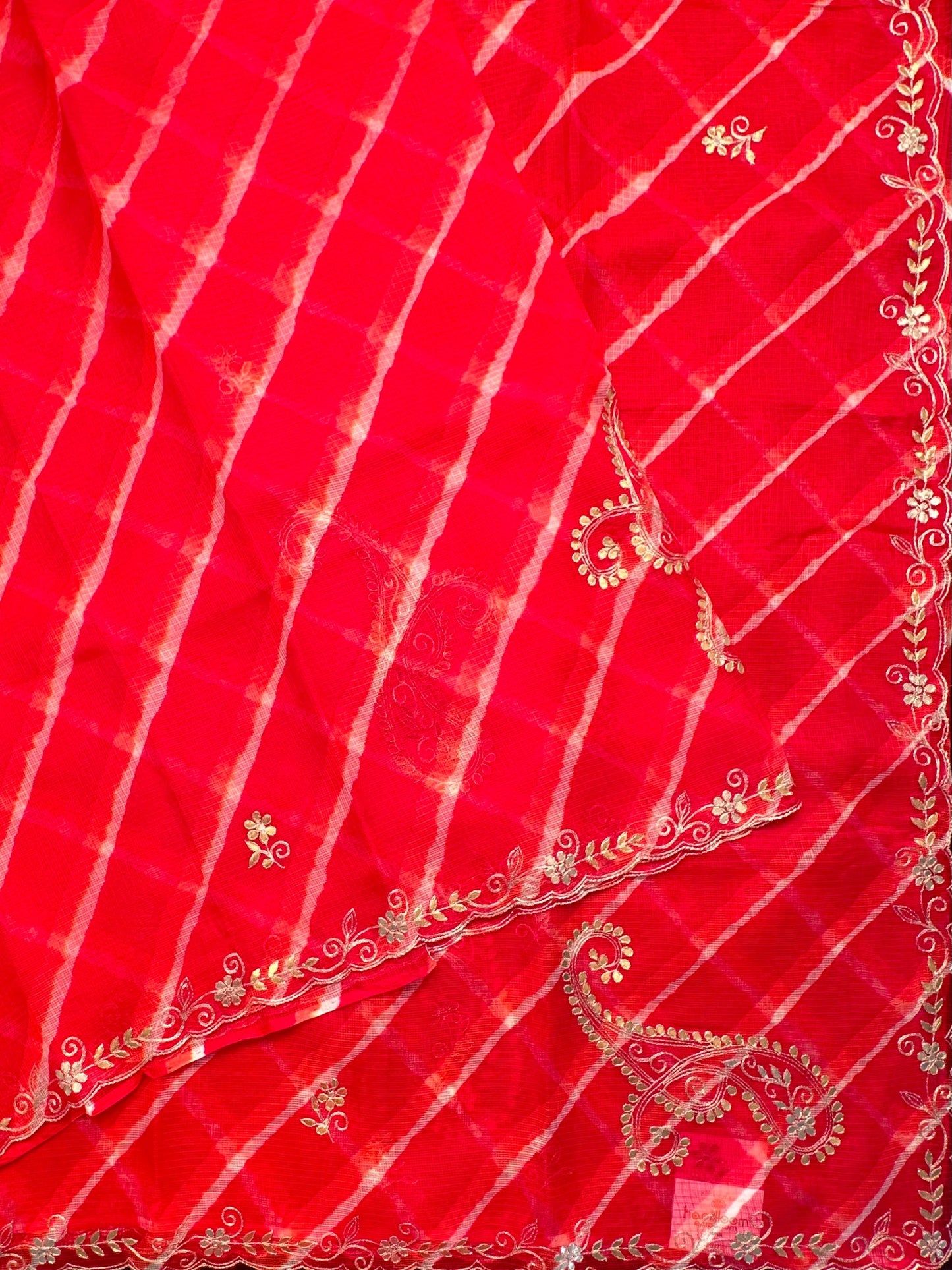 Red-Orange Kyra Leheriya Kota Doria Pure Silk Saree With Gota Patti Work