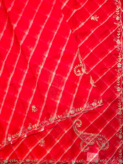 Red-Orange Kyra Leheriya Kota Doria Pure Silk Saree With Gota Patti Work