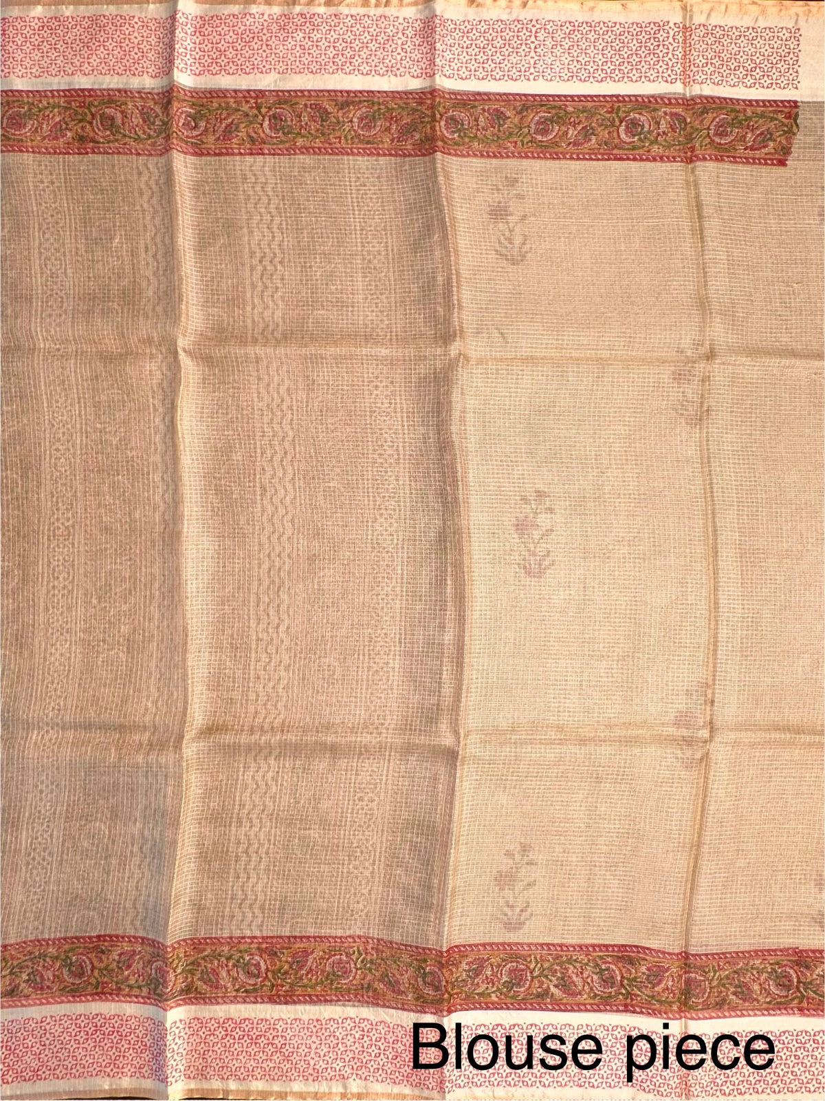 Beige Hand Block-Print Pure Kota Doria Silk Saree