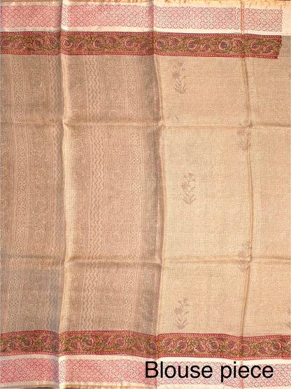 Beige Hand Block-Print Pure Kota Doria Silk Saree