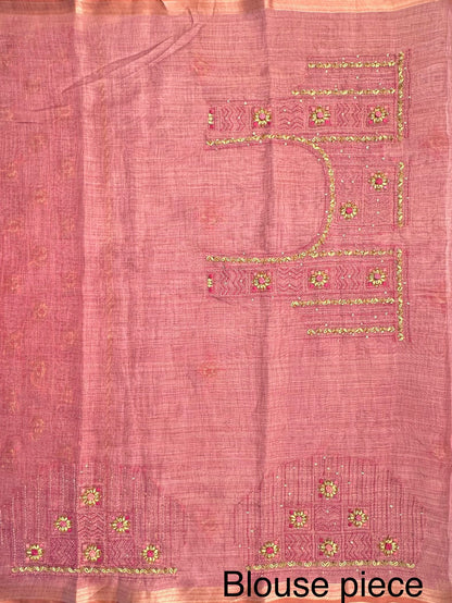 Dusky Pink Blended Cotton Saree with Hand Embroidery