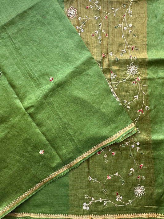 Green Hand Work Pure Tussar Silk Saree