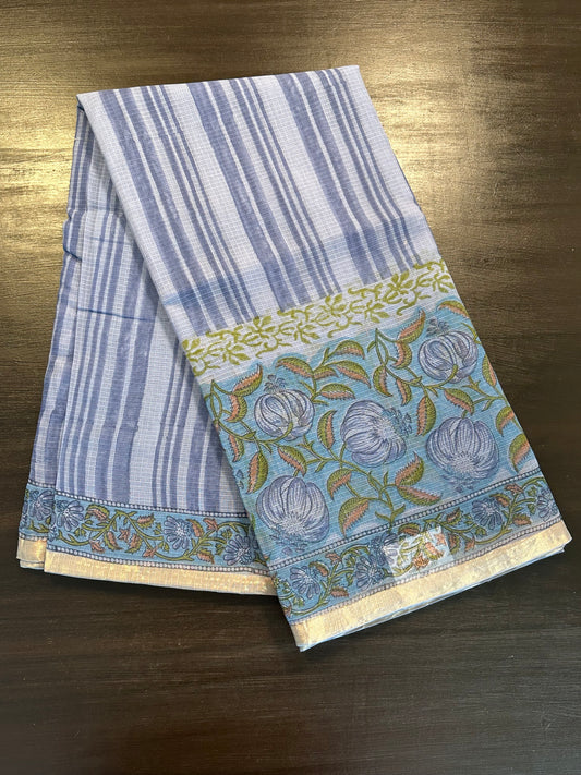Blue Block Print Kota Doria Cotton Saree