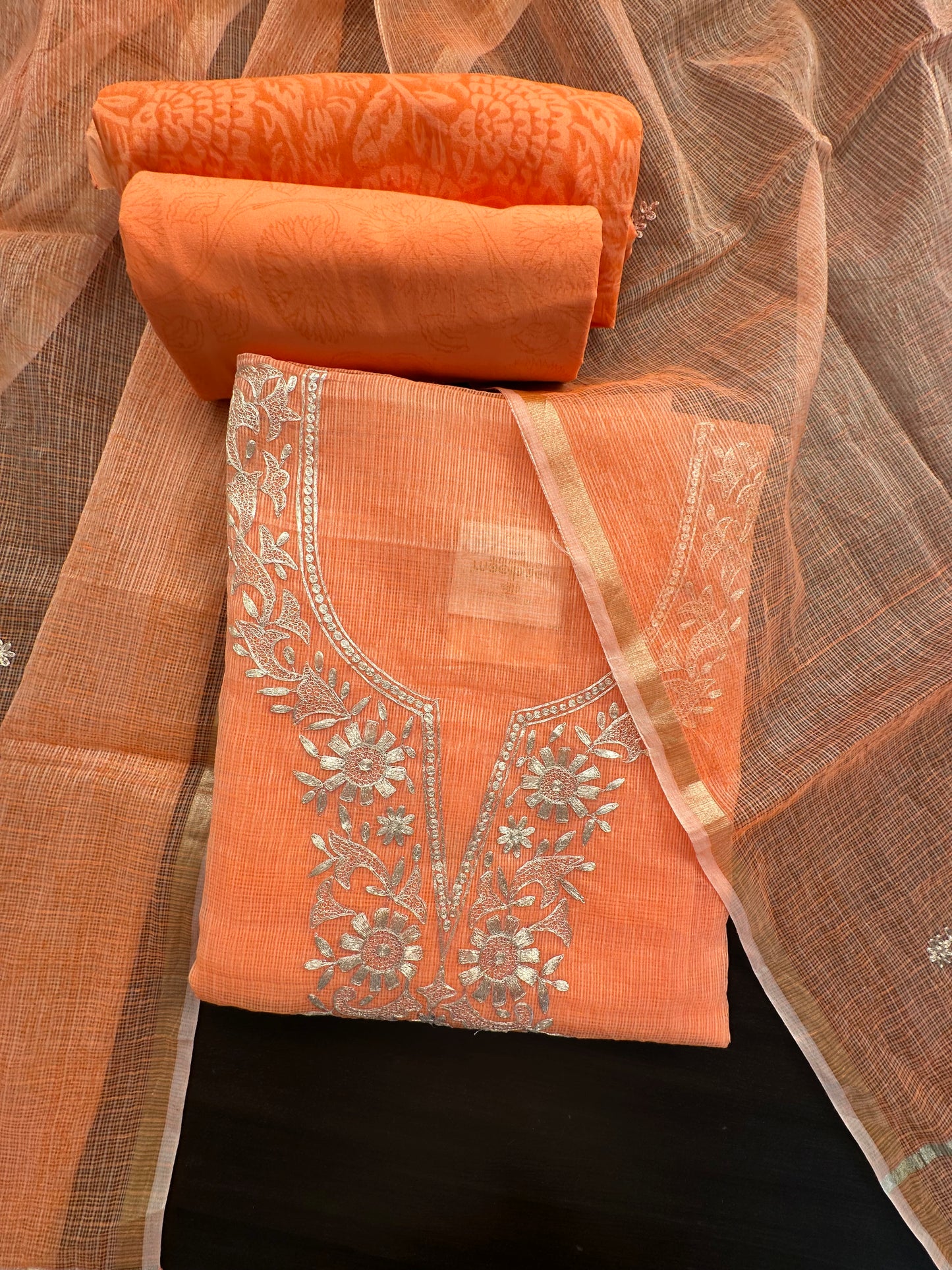 Orange 4-Piece Kota Doria Cotton Unstitched Suit