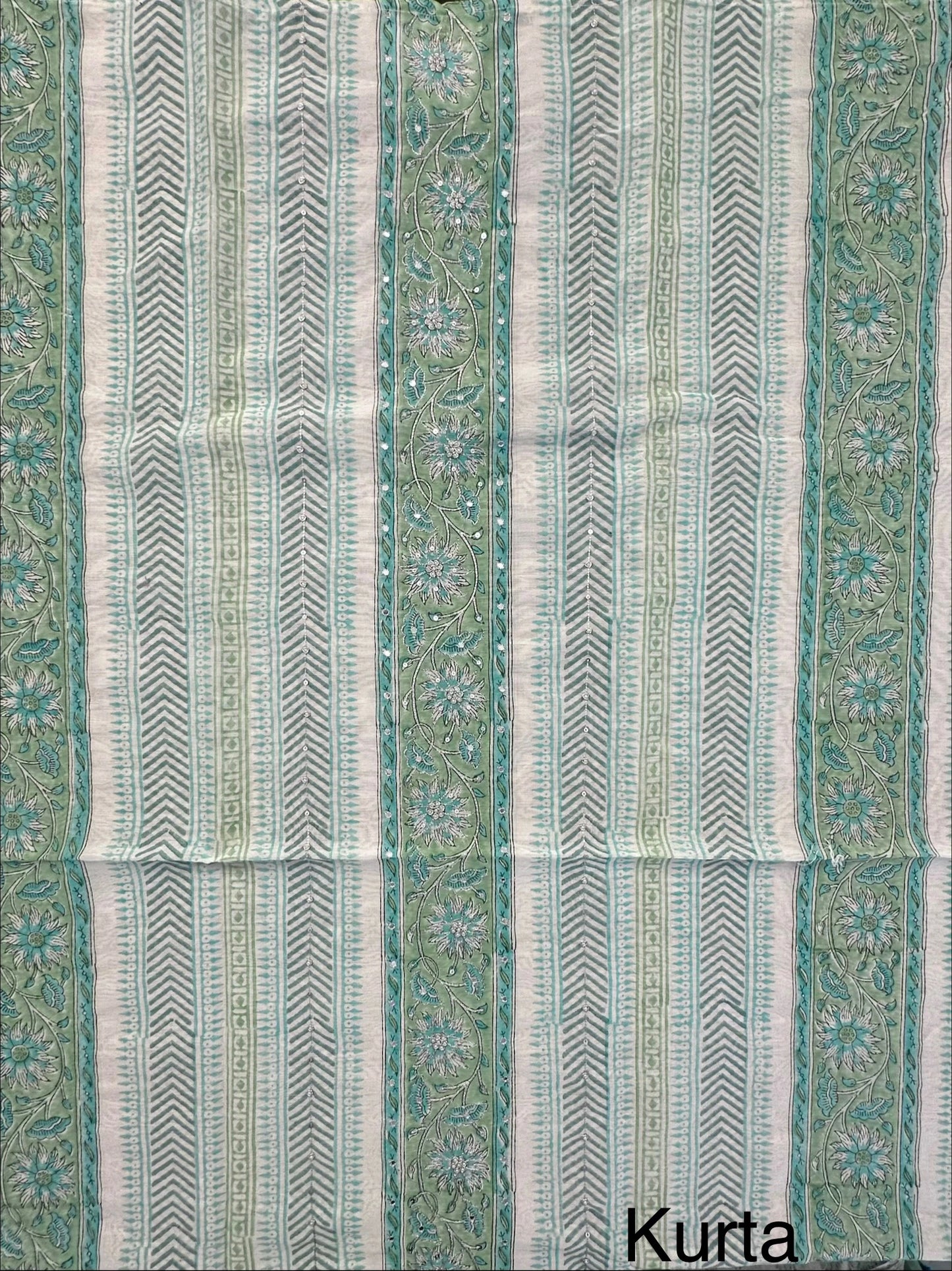 Off White-Pista Hand Block Printed Chanderi 3-Piece Unstitched Suit with Aari Work