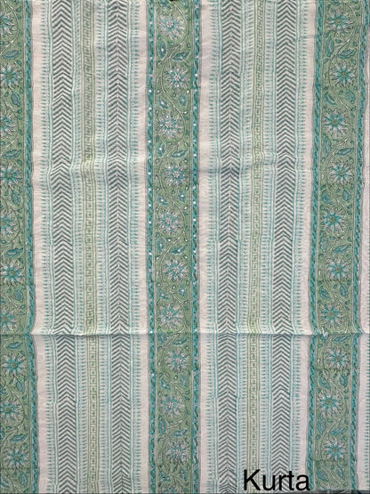 Off White-Pista Hand Block Printed Chanderi 3-Piece Unstitched Suit with Aari Work