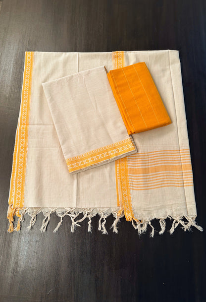 Beige-Mustard Mangalgiri Cotton Unstitched 3-Piece Suit