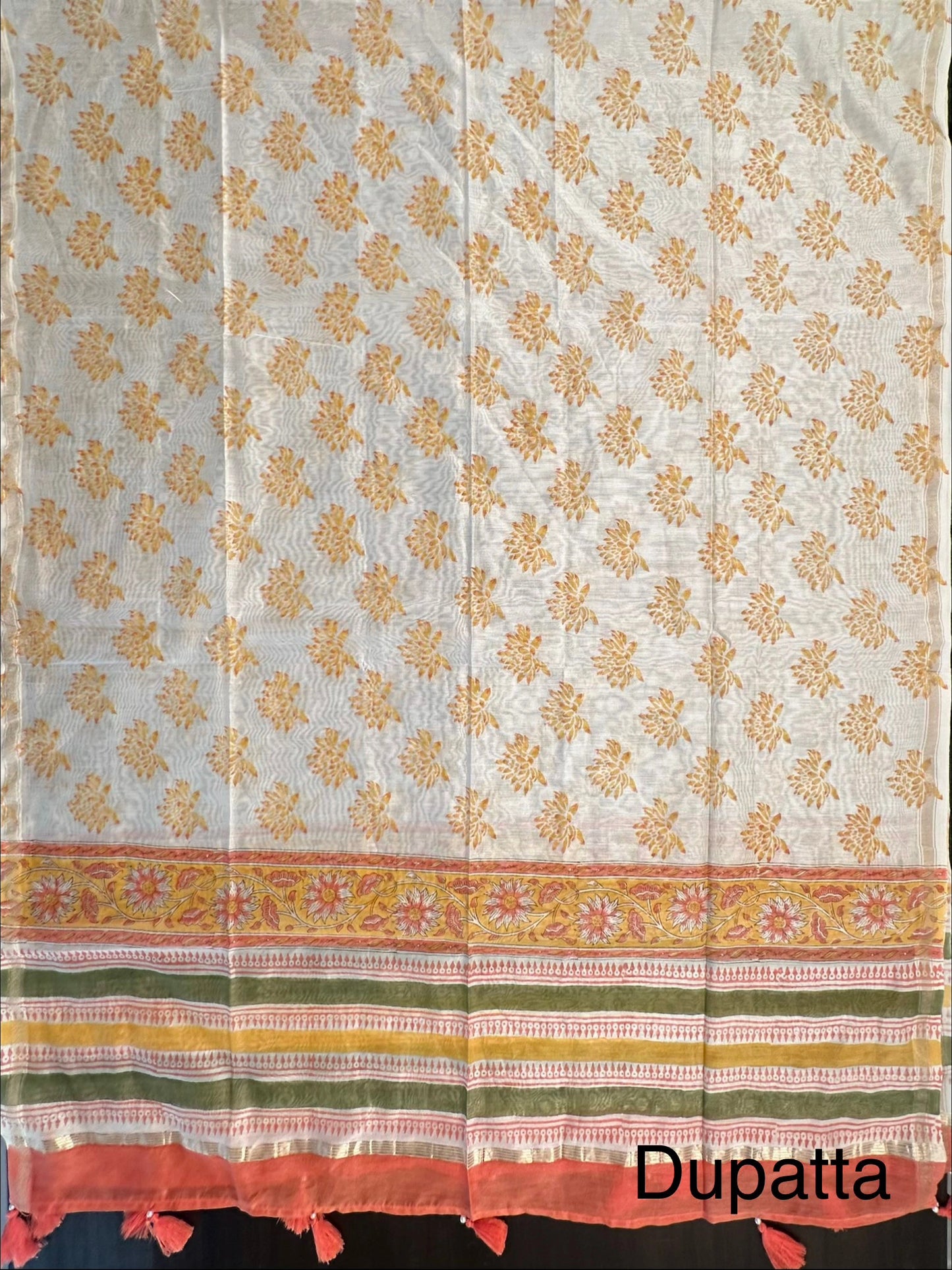 Off White-Mustard Hand Block Printed Chanderi 3-Piece Unstitched Suit with Aari Work