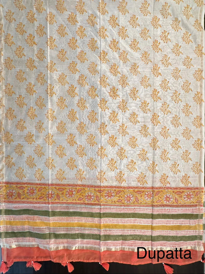 Off White-Mustard Hand Block Printed Chanderi 3-Piece Unstitched Suit with Aari Work