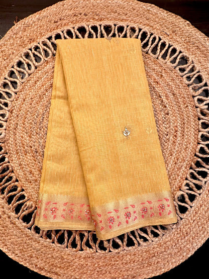 Mustard Fancy Zari Cotton Saree With Hand Work