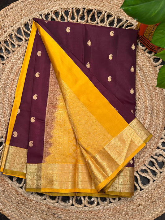 Wine-Mustard Pondicherry Pure Silk Saree