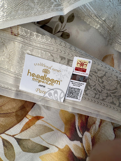Off white Floral Print Organza Silk Saree
