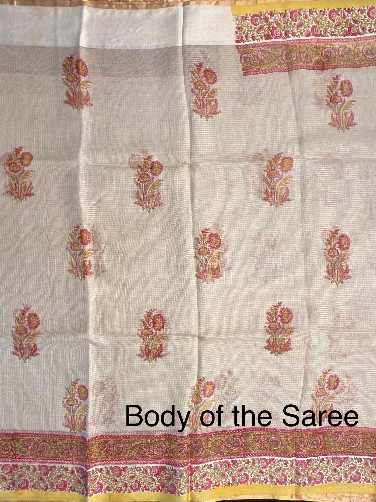 Pale Beige Hand Block-Print Kota Doria Pure Silk Saree