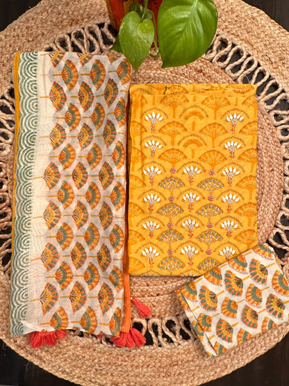 Mustard Chanderi Hand Block Printed 3-Piece Unstitched Suit