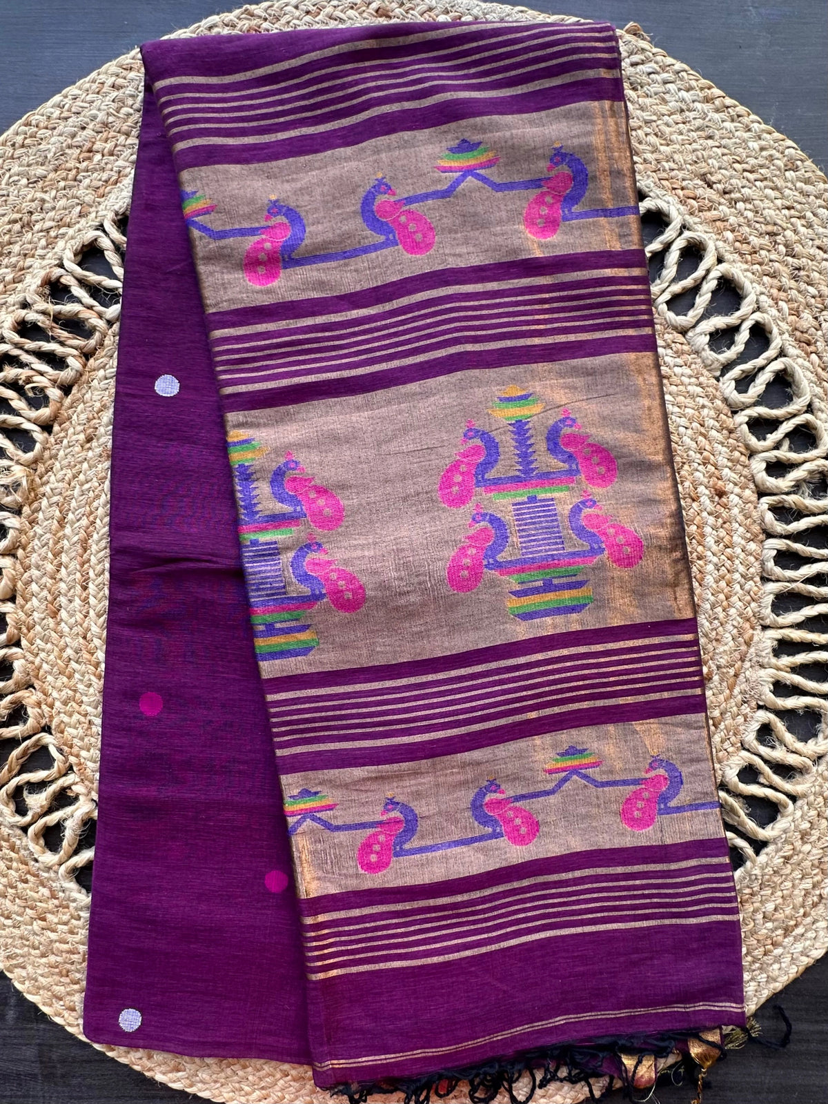 Wine Fancy Cotton Tissue Saree ( Linen Texture)