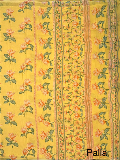 Yellow Floral Print Chiffon Saree