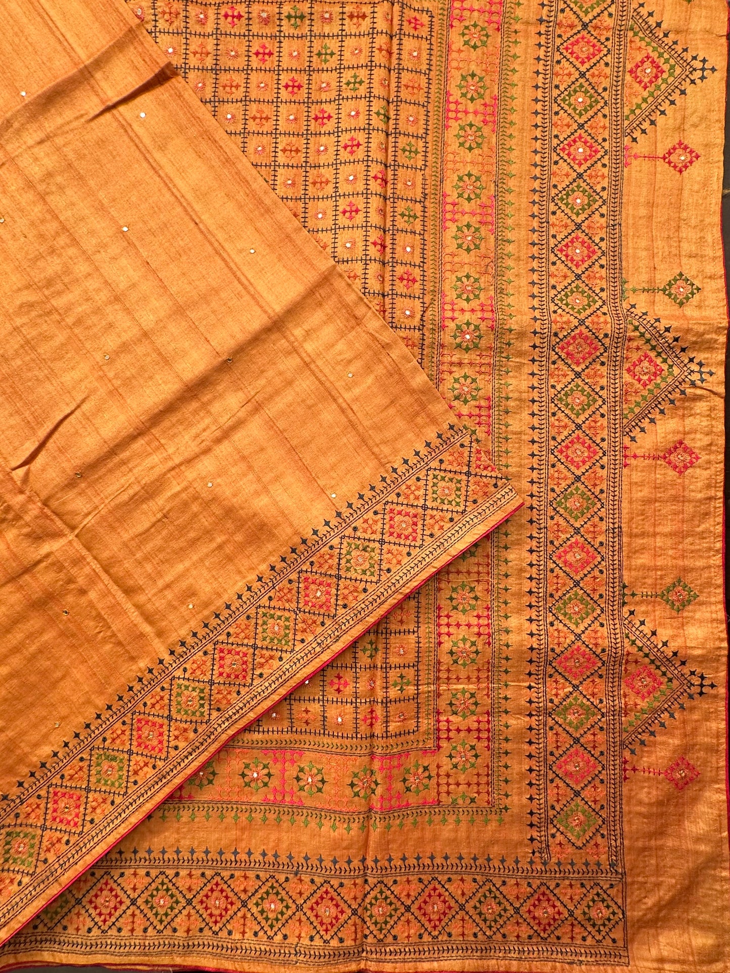 Mustard Pure Tussar Silk Saree With Embroidery
