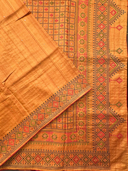 Mustard Pure Tussar Silk Saree With Embroidery