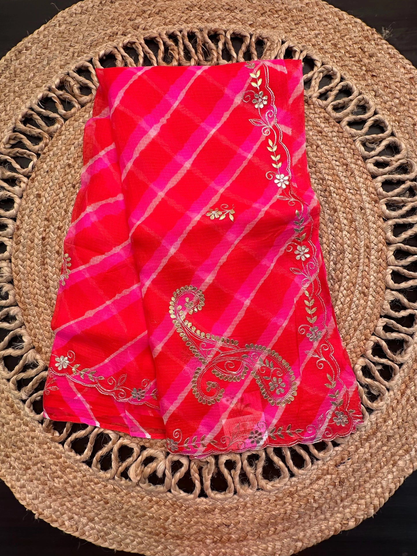Orange-Pink Kyra Leheriya Kota Doria Pure Silk Saree With Gota Patti Work