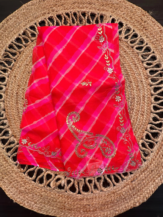 Orange-Pink Kyra Leheriya Kota Doria Pure Silk Saree With Gota Patti Work