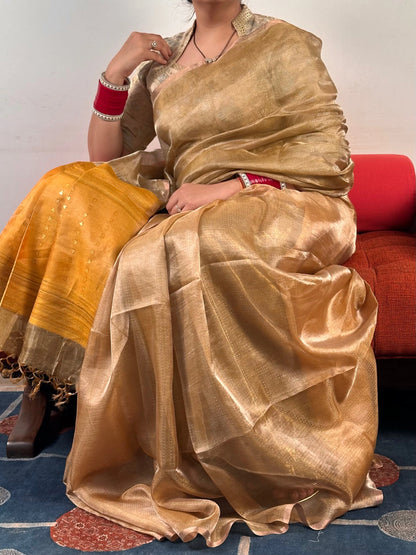 Mustard-Golden Emboss Tissue Silk Saree
