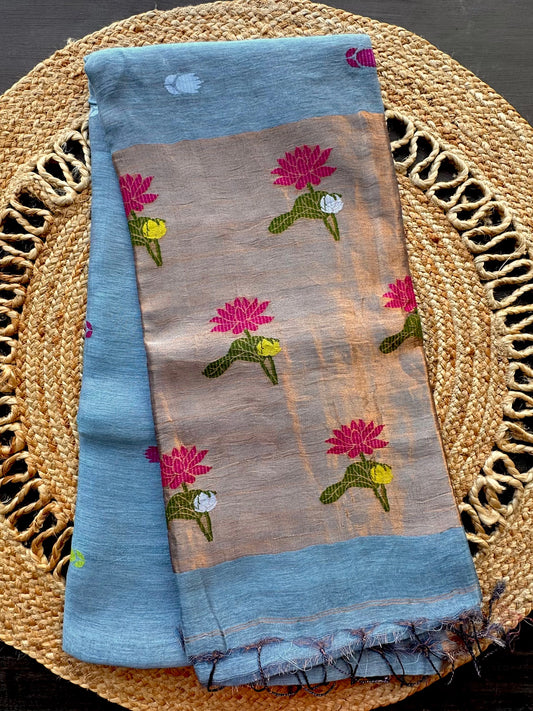 Firozi Fancy Cotton Tissue Saree ( Linen Texture)