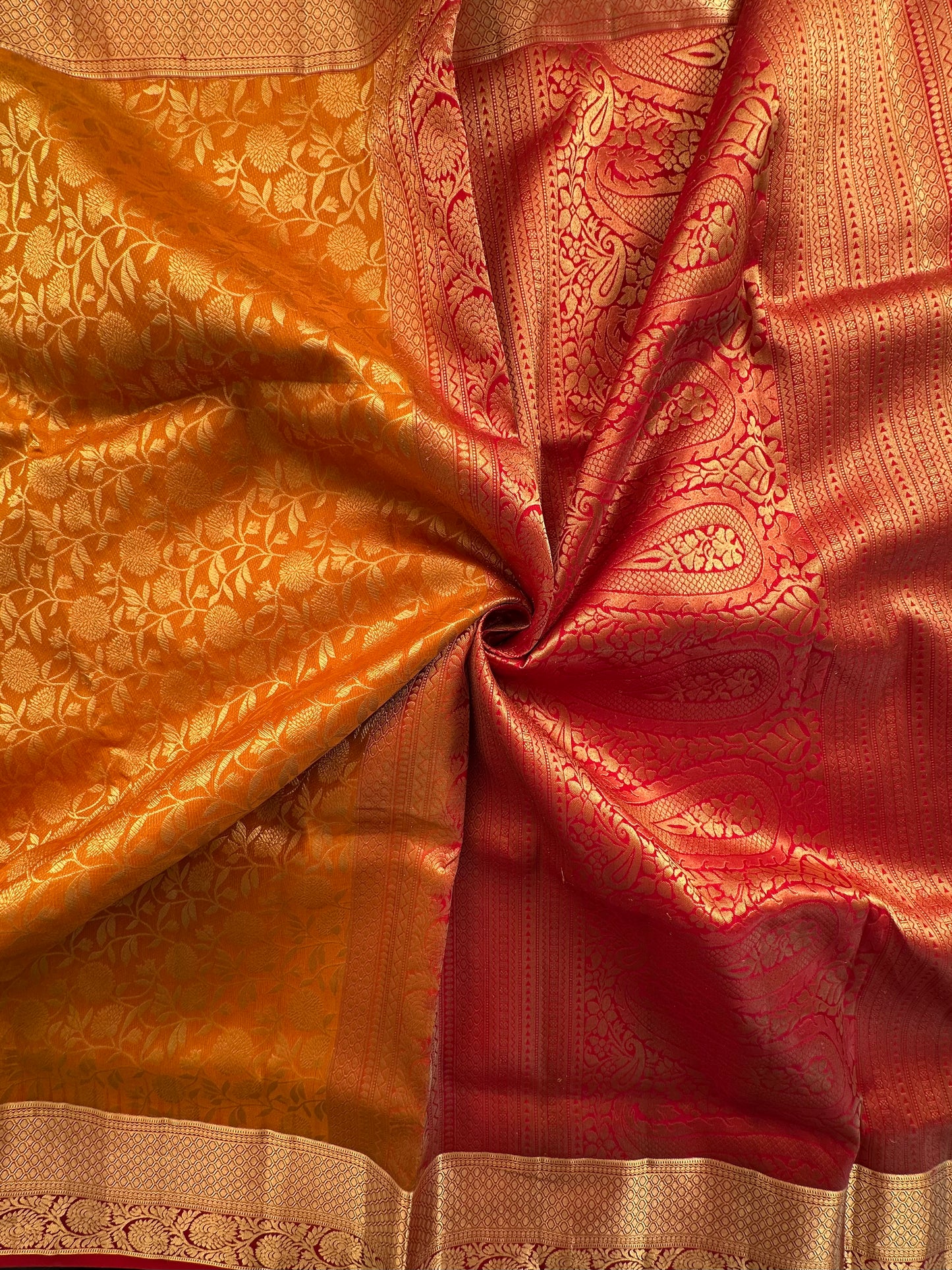Mustard-Red Handloom Kanjivaram Jamawar Pure Silk Saree