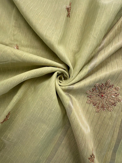 Pista Green Fancy Cotton Saree With Hand Work