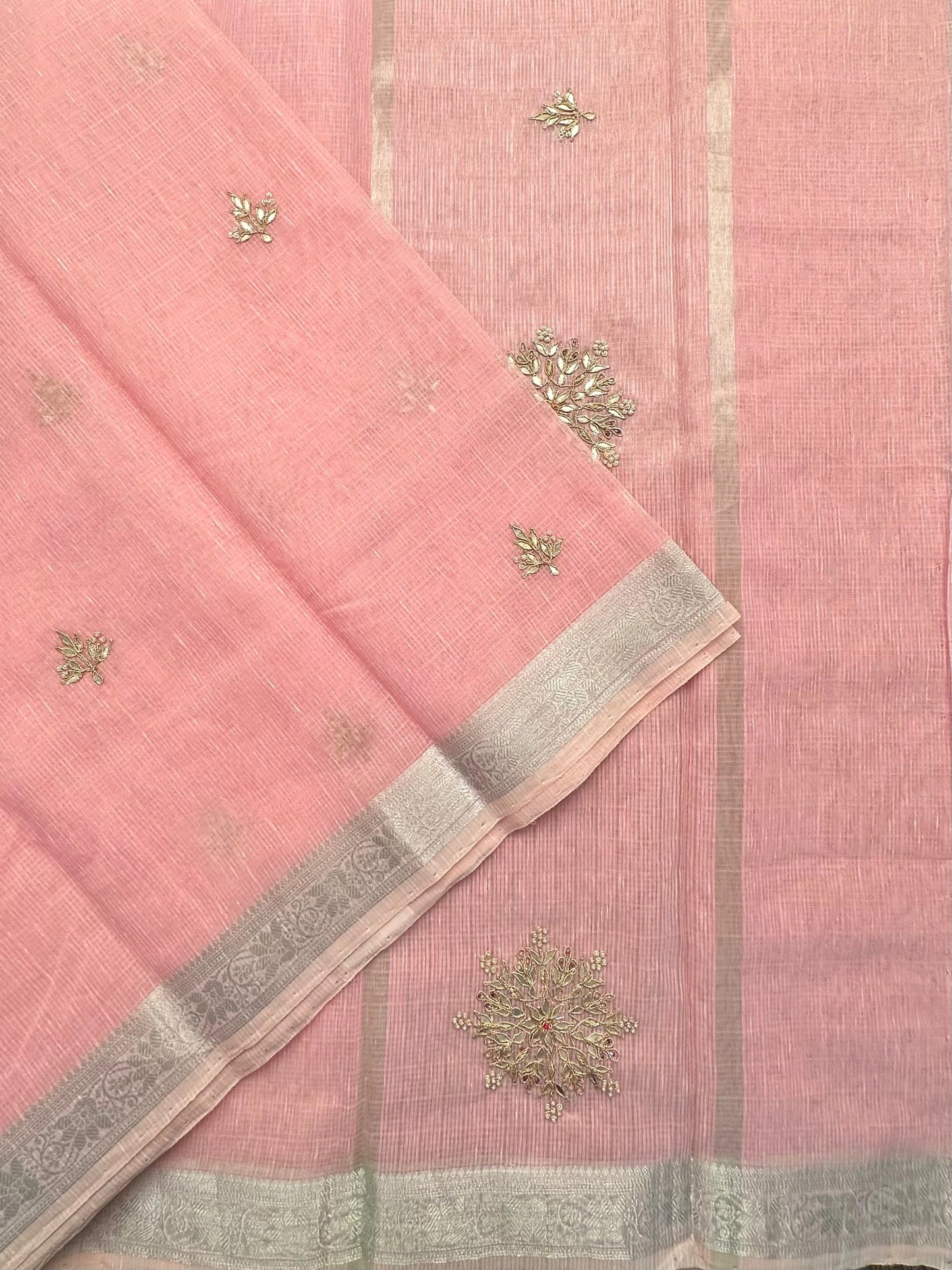 Pink Fancy Cotton Saree With Hand Work