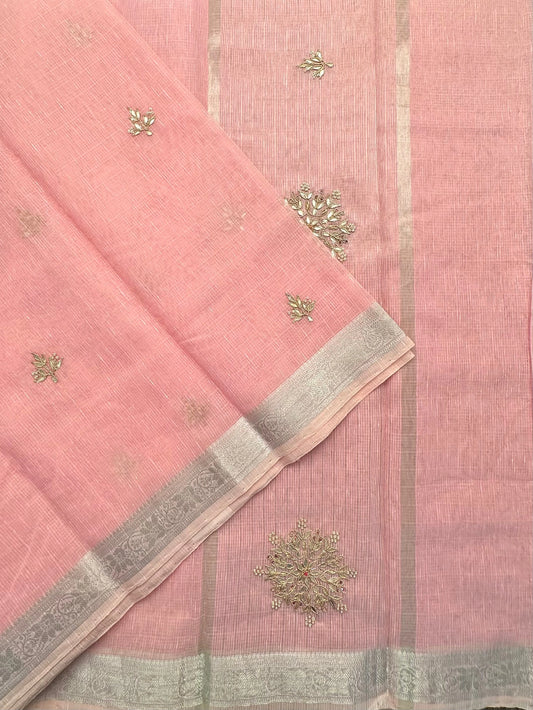 Pink Fancy Cotton Saree With Hand Work