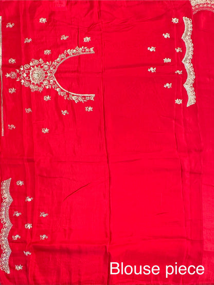 Red Artificial Crepe Saree With Hand Work